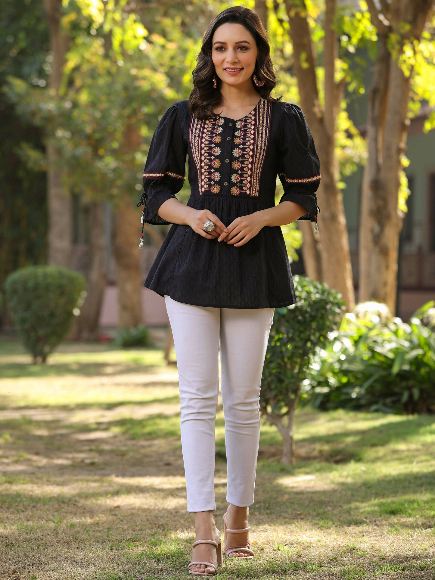 Juniper Women's Black Cotton Solid With Embroidered Straight Tunic | Swadesiicart