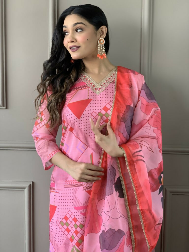 Multi Pink Viscose Chanderi Stitched Suit With Dupatta - Tanisha | Swadesiicart