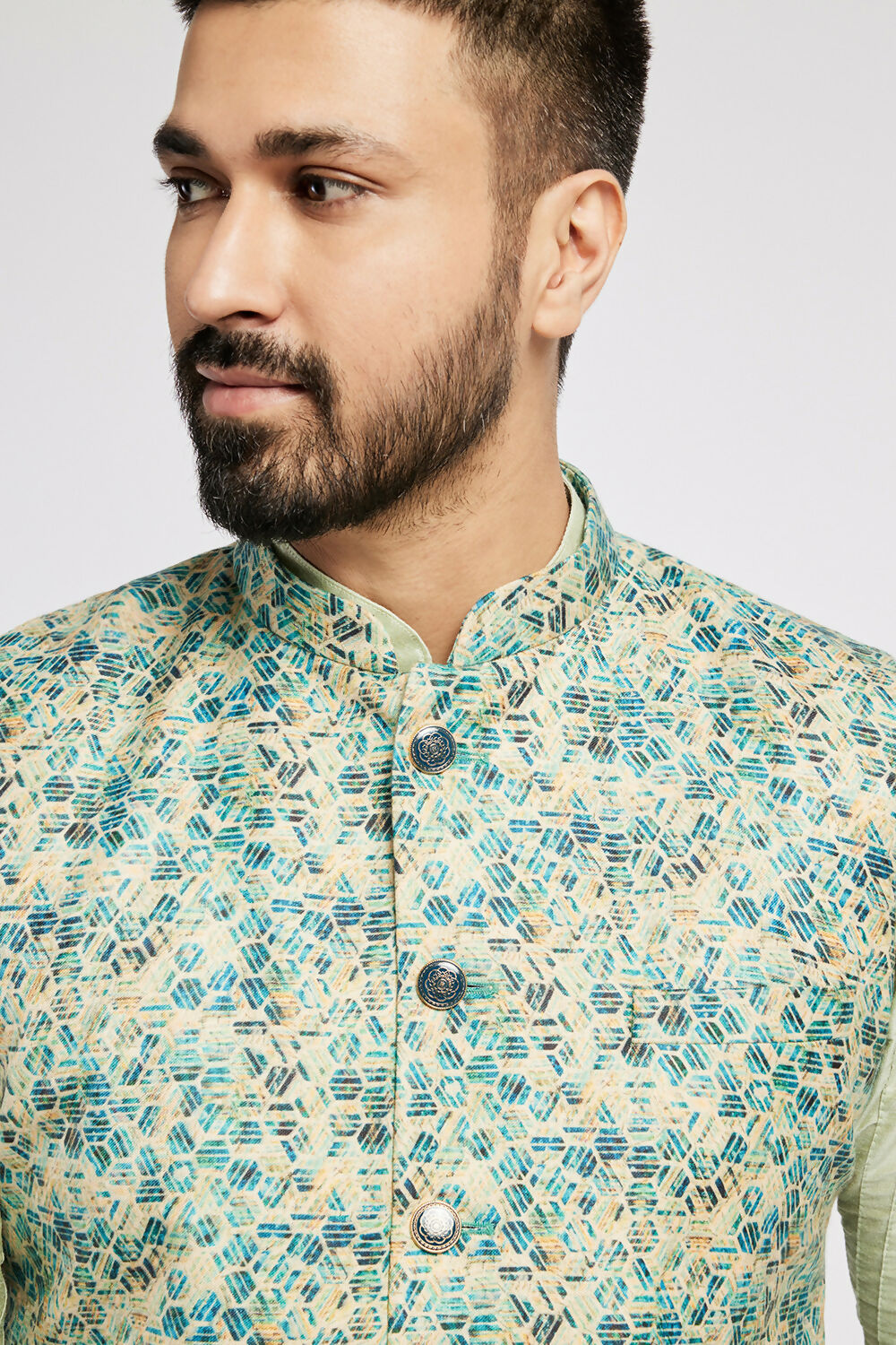 Ethnic India Blue Bundi Men's Jacket Geometric Polyester | Swadesiicart