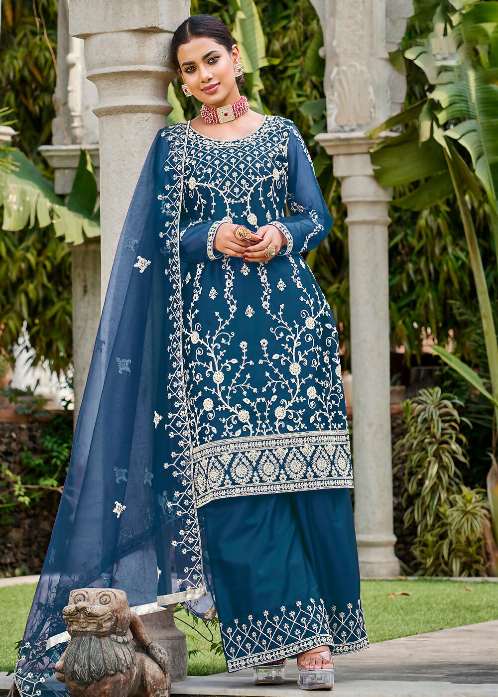 Prussian Blue Stone & Cording Work Festive Palazzo Suit - Emponline | Swadesiicart