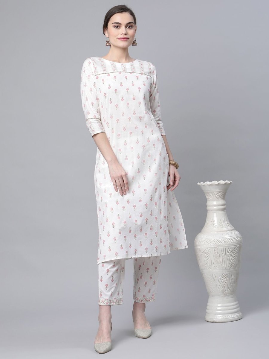 Ahalyaa Women White Pure Cotton Printed Kurta Pant Set | Swadesiicart