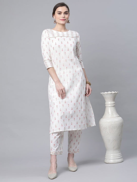 Ahalyaa Women White Pure Cotton Printed Kurta Pant Set | Swadesiicart