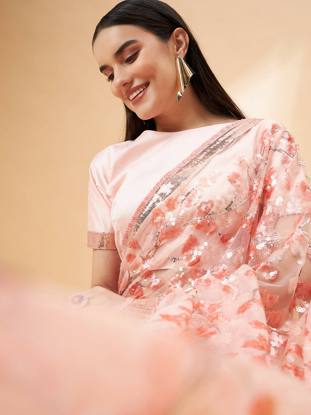 Peach Lycra Sequin Embroidery And Frills Saree - Norita Hit Design - Swadesiicart