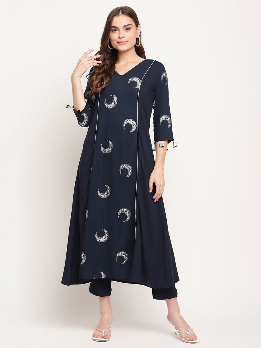 Ahalyaa Women's Navy Blue Rayon Foil & Khari Print Kurta Trouser Set | Swadesiicart