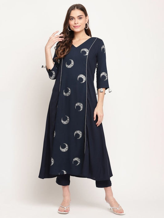 Ahalyaa Women's Navy Blue Rayon Foil & Khari Print Kurta Trouser Set | Swadesiicart
