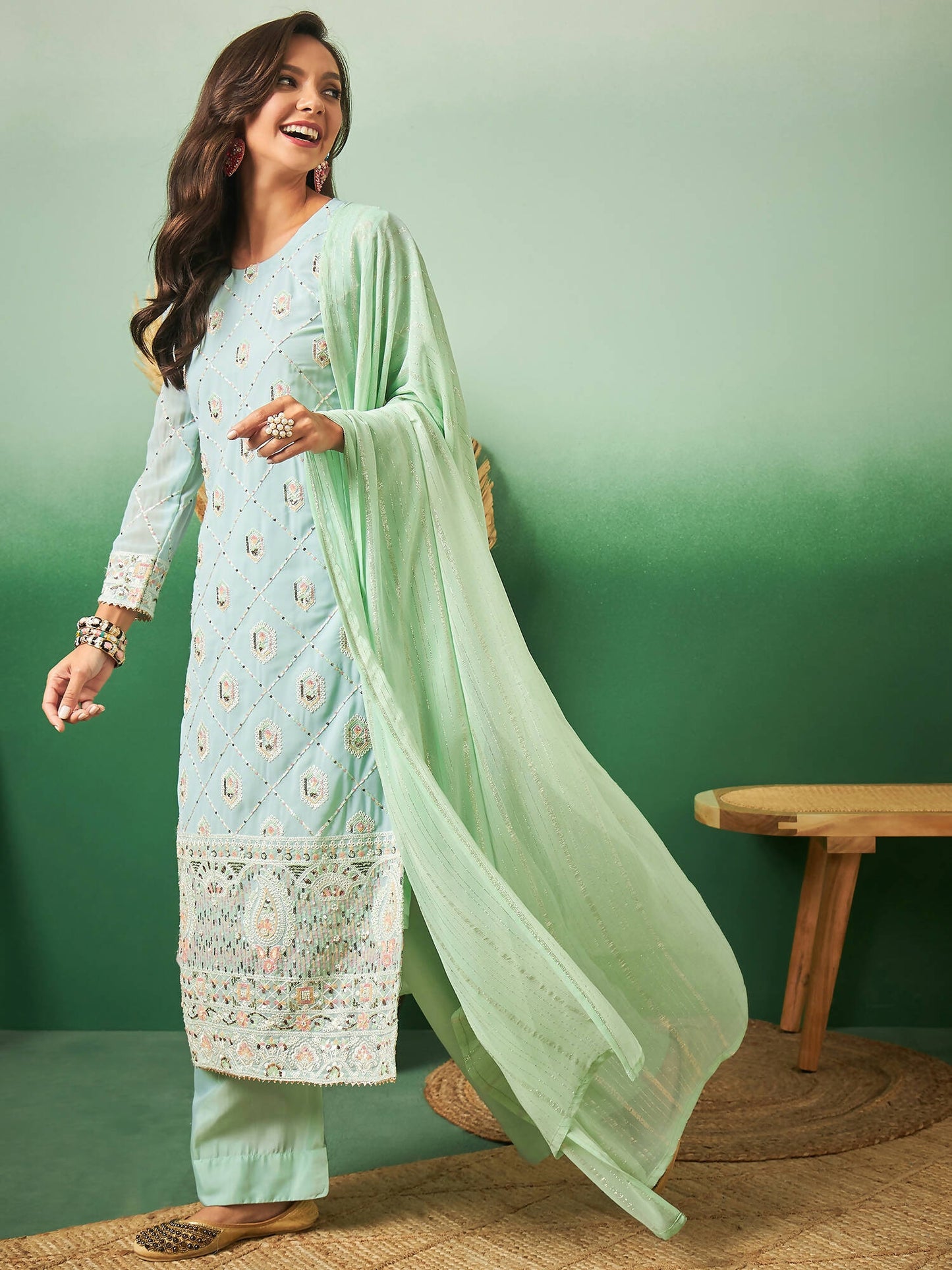Sea Green Georgette Handwork Unstitched Dress Material - Hanika | Swadesiicart