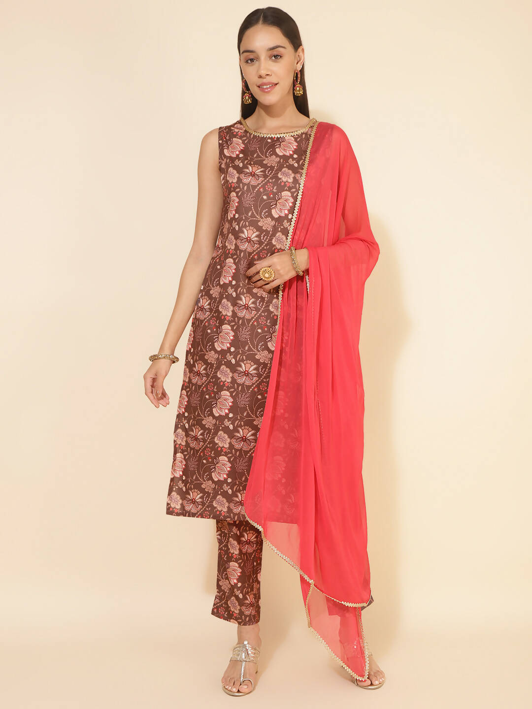 Janasya Women's Brown Crepe Digital Floral Printed Festive Straight Kurta Set | Swadesiicart
