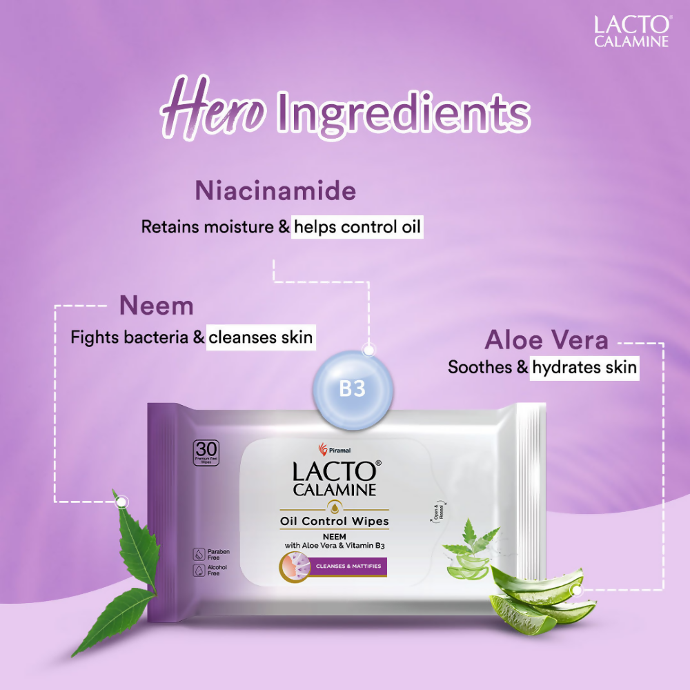 Lacto Calamine Oil Control Face Wipes, Makeup Remover Wipes With Neem & Aloe 30 Usable Wipes - Swadesiicart