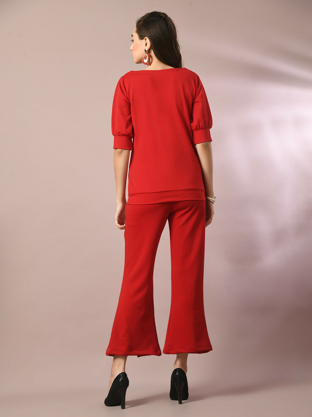 Myshka Women's Red Solid Boat Neck Party Top With Trousers Co-ord set - Swadesiicart
