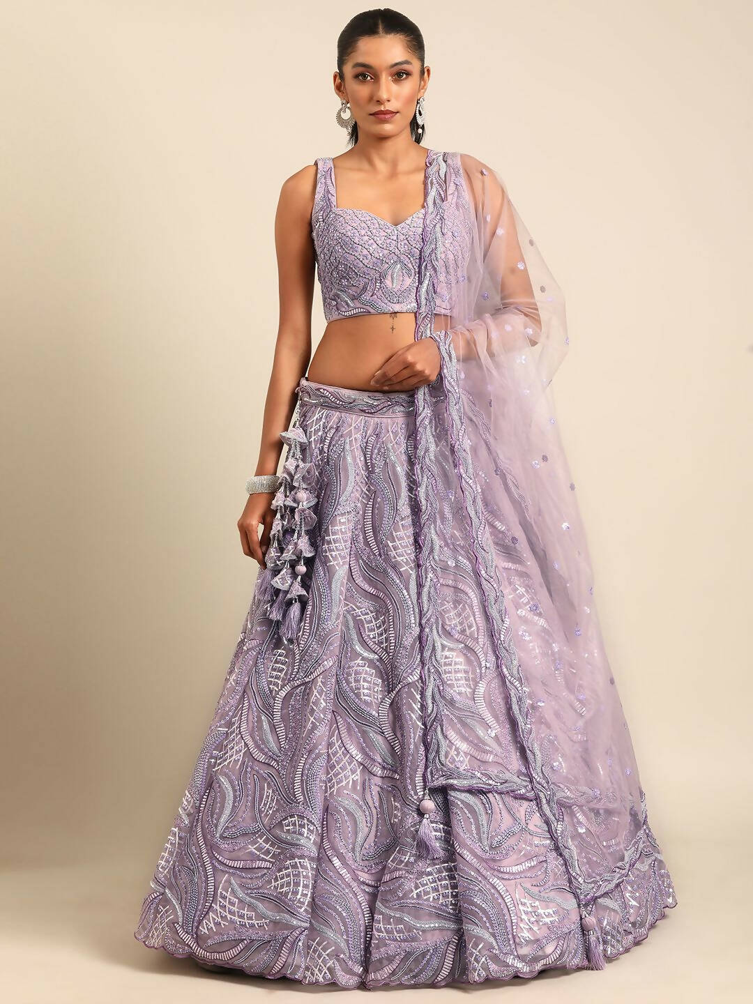 House of Panchhi Lavender Net Sequins and Zarkan embroidery Lehenga choli & Dupatta | Swadesiicart