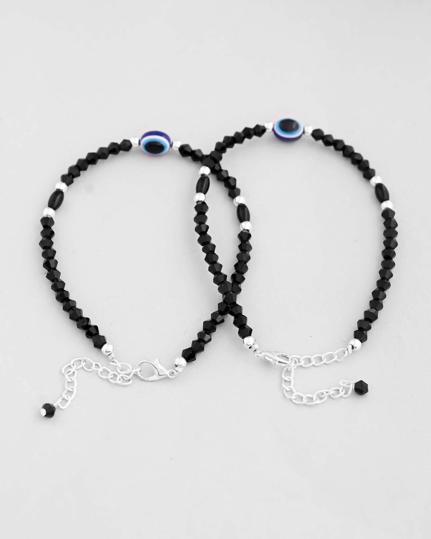 VOJ Set of 2 Evil Eye Black Beads Adjustable Anklet - Swadesiicart