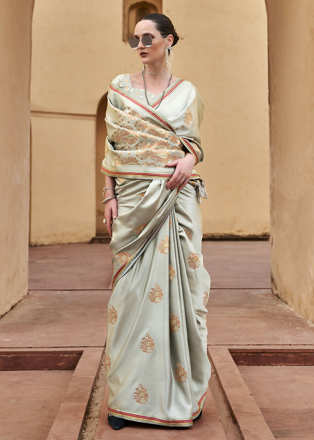 Dusty Grey Pure Satin Zari Weaving Wedding Festive Saree - Emponline | Swadesiicart