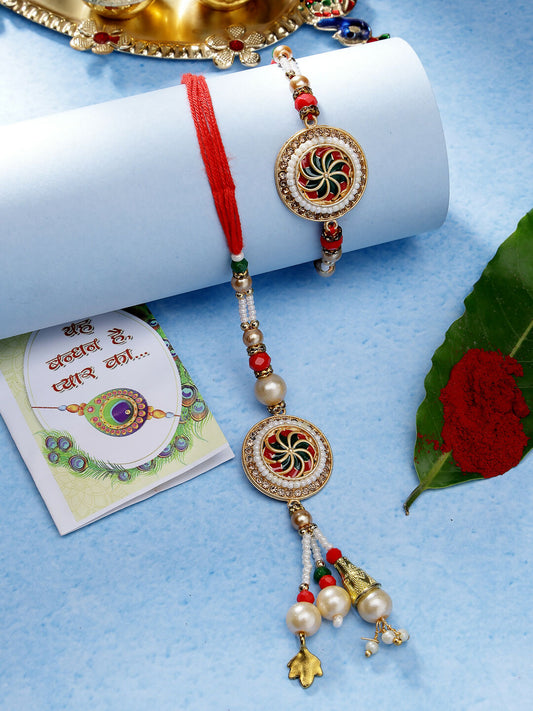 NVR Women & Men Set of 2 Gold-Toned Stone-Studded & Beaded Bhaiya Bhabi Rakhi With Roli Chawal | Swadesiicart