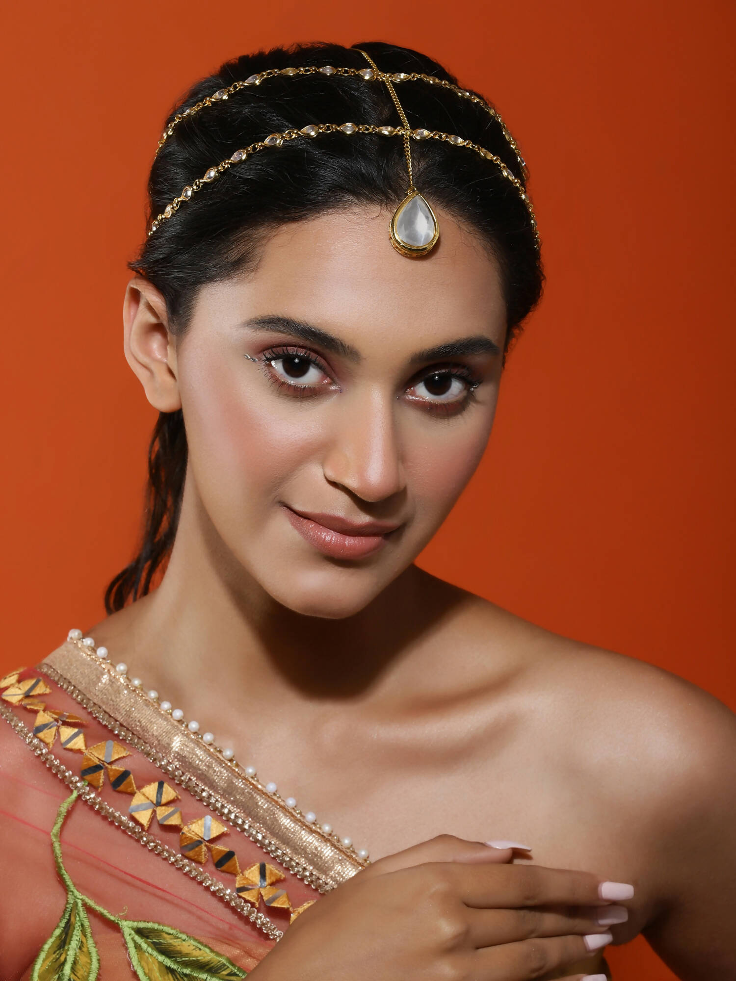 Gold-Polished White Faux Kundan-Studded Faux Pearl Beaded Handcrafted Matha Patti - Ruby Raang | Swadesiicart