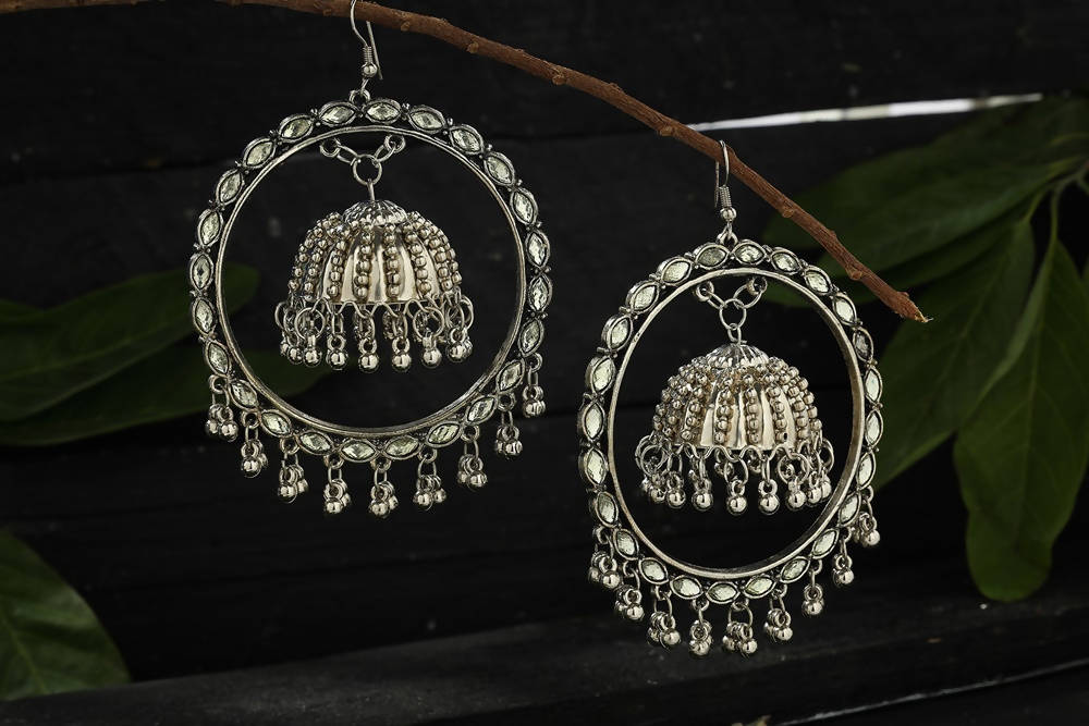 Mominos Fashion Johar Kamal Silver Earrings With Kundan Work Jhumkas - Swadesiicart