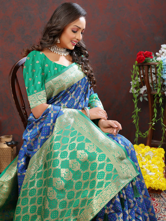 Lorenvalley Fashion Blue & Green Patola Silk Woven Design Meenakari Weaving Saree - Swadesiicart