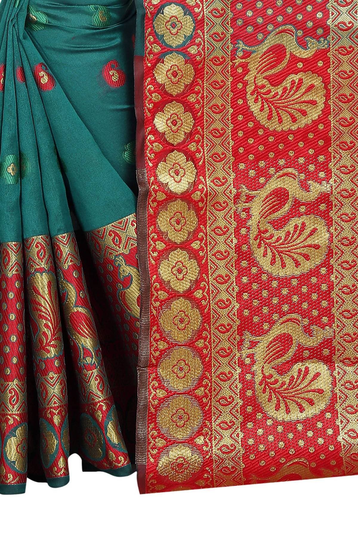 Vamika Banarasi Cotton Silk Rama Green Weaving Saree | Swadesiicart
