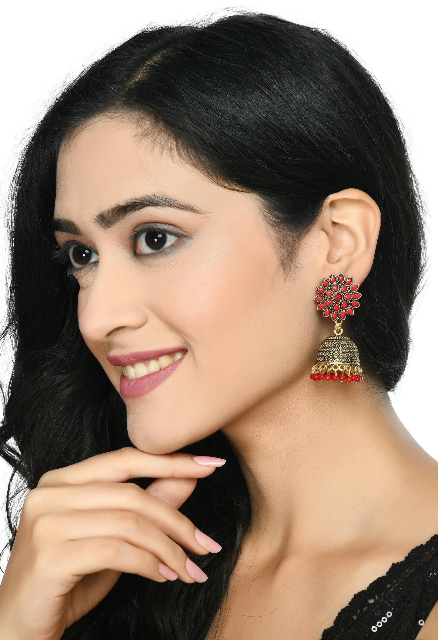 Mominos Fashion Joharkamal Kundan work Jhumka with Red Beads - Swadesiicart