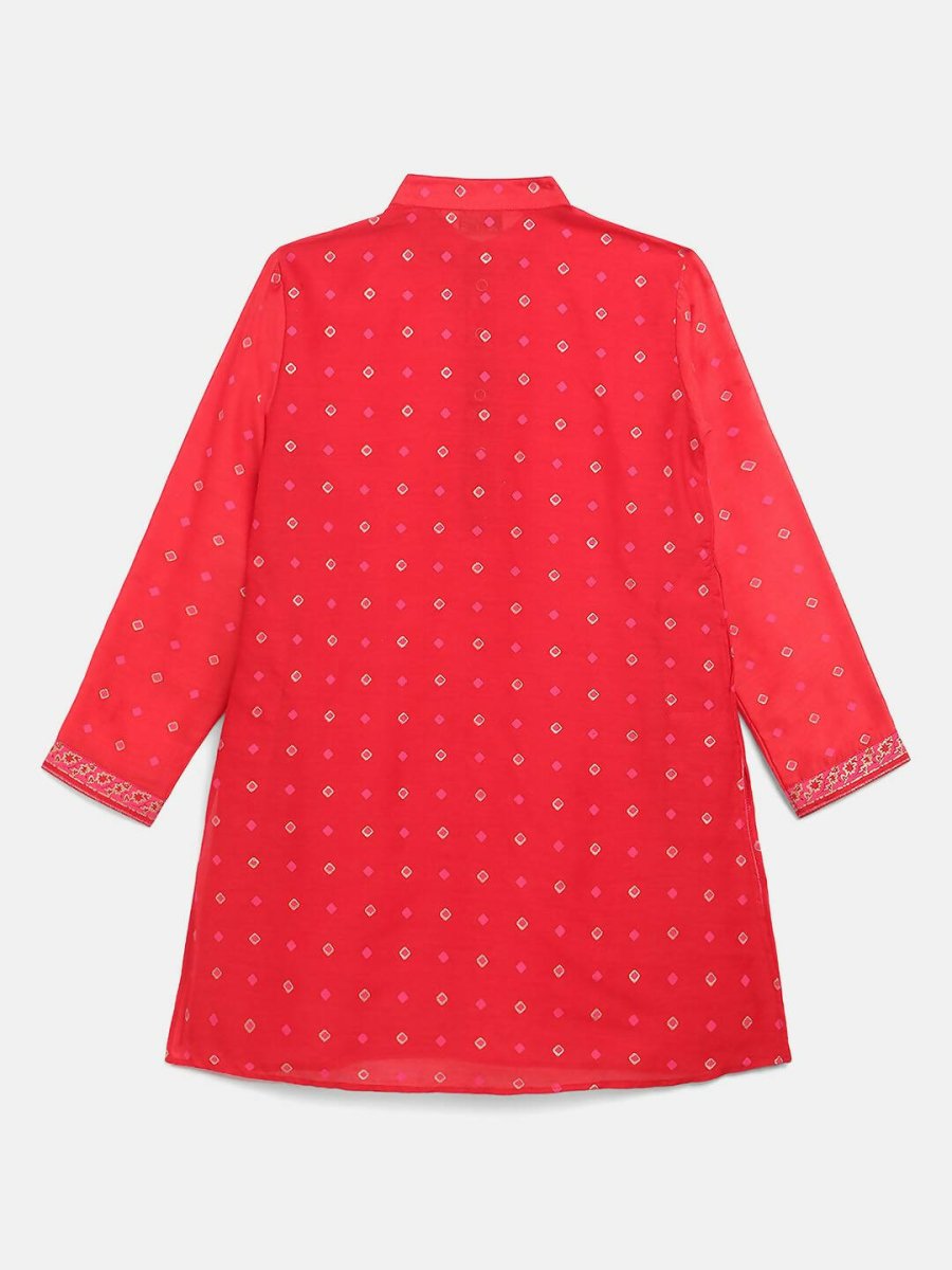 Ahalyaa Red Chnaderi Gold Khari Print Kids Kurta Churidar Set For Boys | Swadesiicart