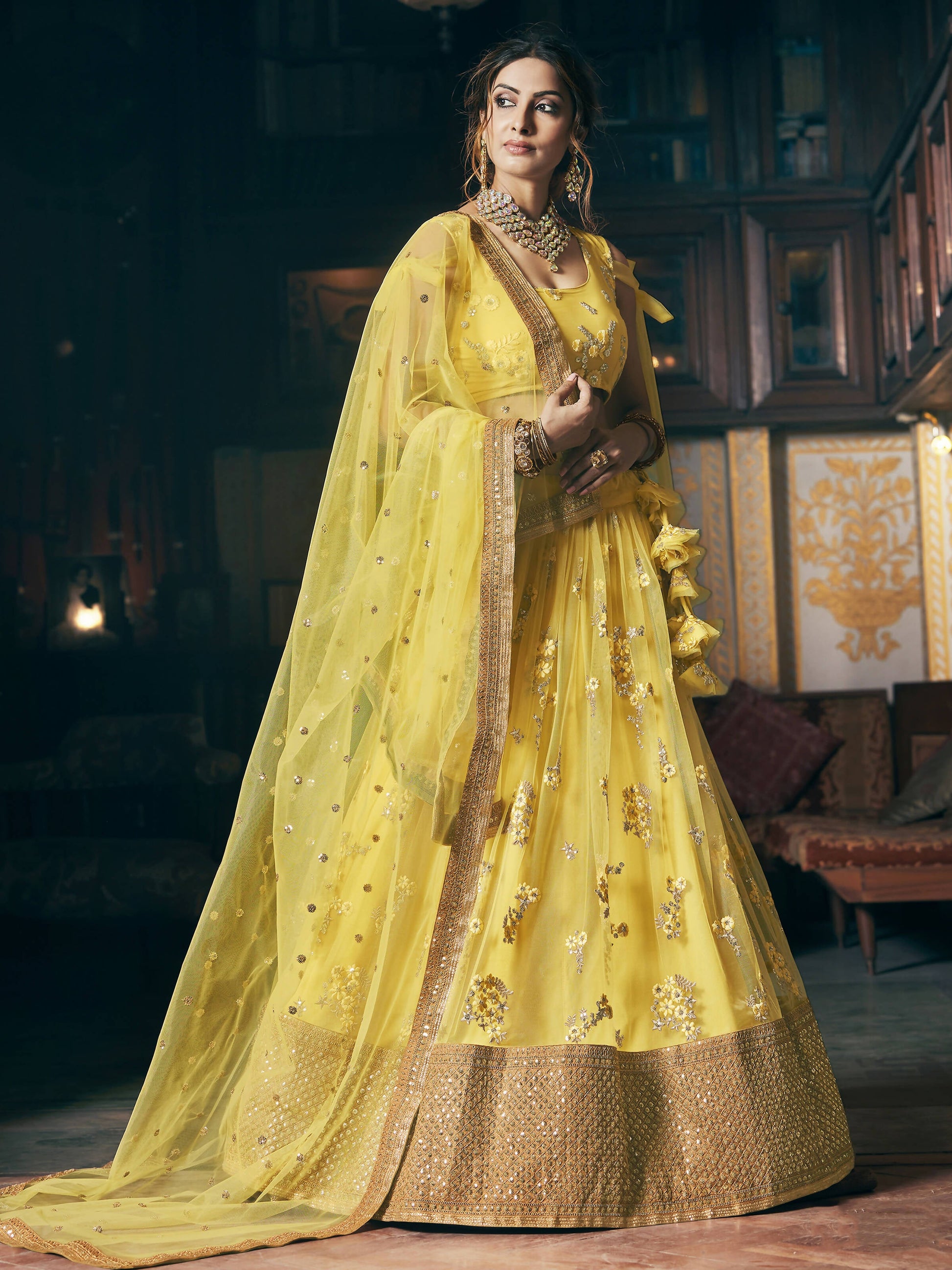 Wedding Designer Sequene Zari Resham Embroidery Yellow Net Lahengha Choli - Anbazaar | Swadesiicart