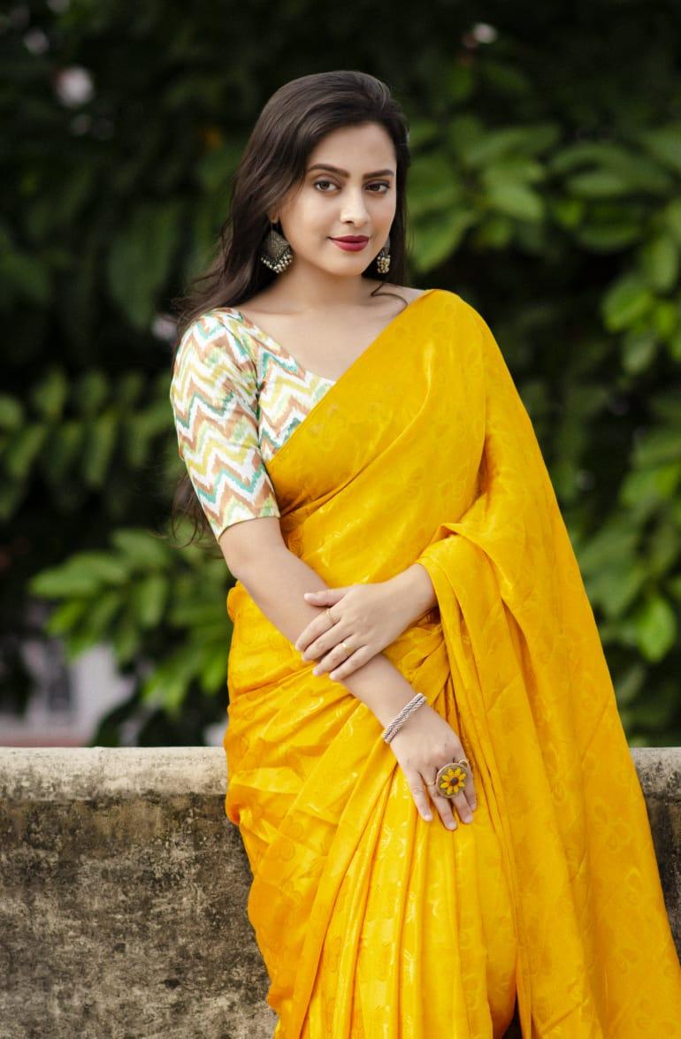 Mustard Silk Blend Ethnic Motifs Saree with Unstitched Blouse - Hiral Fashion | Swadesiicart