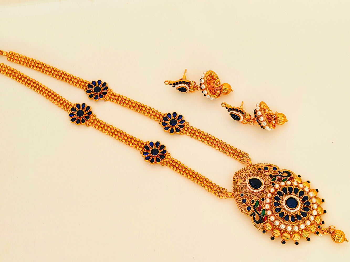 Blue Kemp Long Necklace Set For Weddings - Mokshi Collections