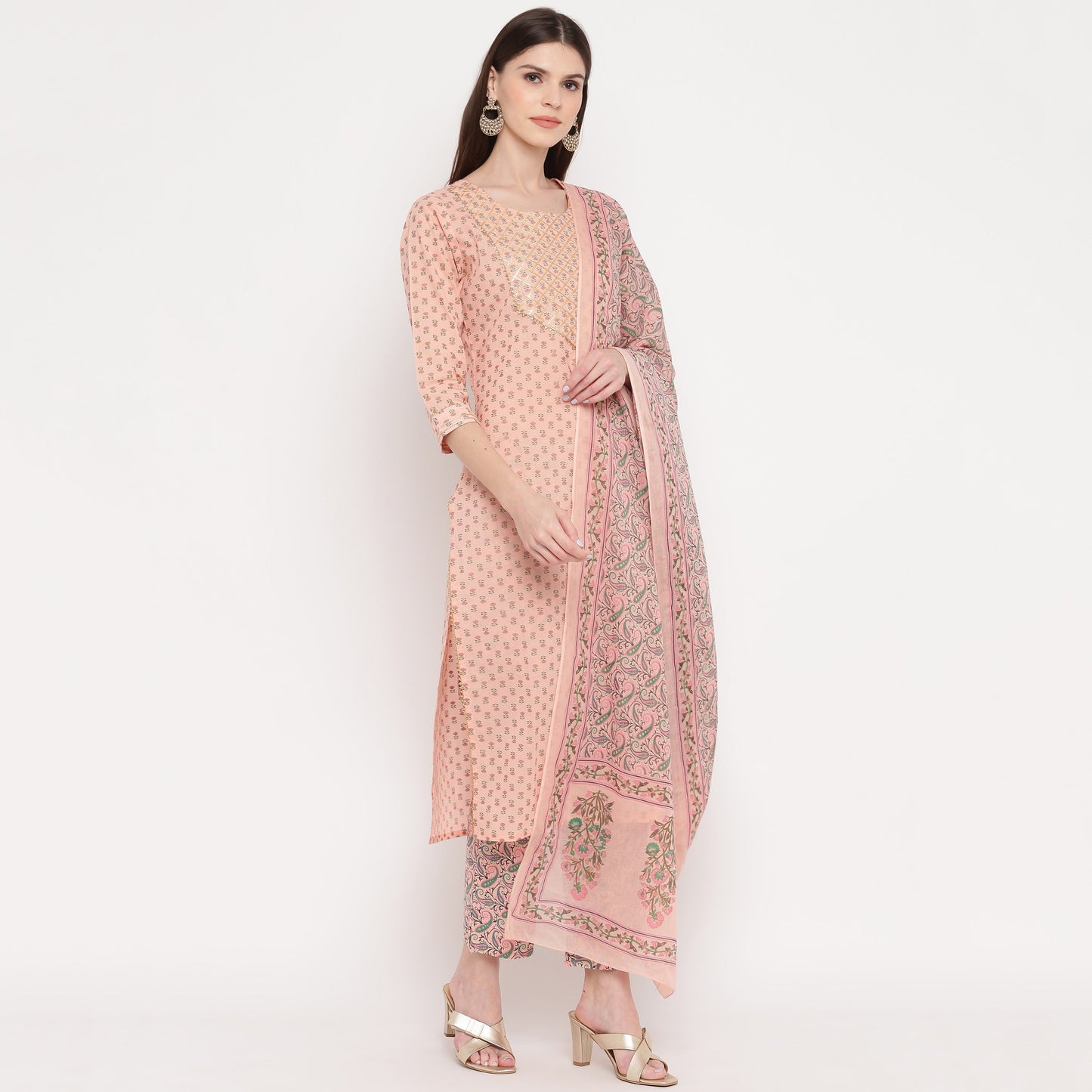 NOZ2TOZ Women's Foil Print & Gota Patti Work Straight Cotton Peach Kurta, Pant & Dupatta - Swadesiicart