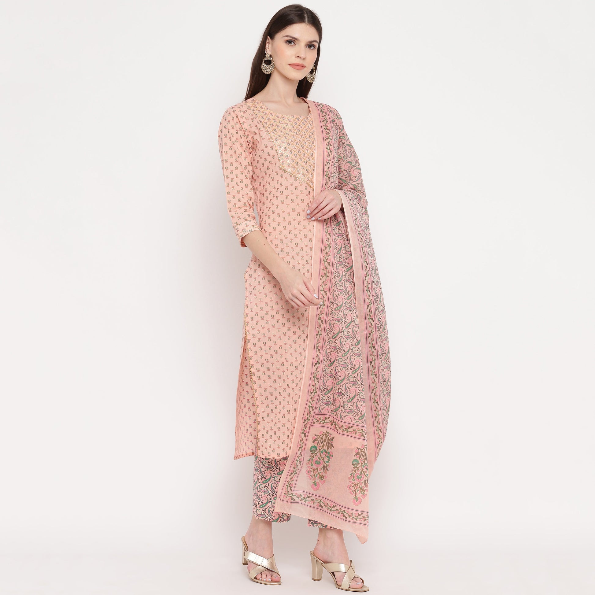 NOZ2TOZ Women's Foil Print & Gota Patti Work Straight Cotton Peach Kurta, Pant & Dupatta - Swadesiicart