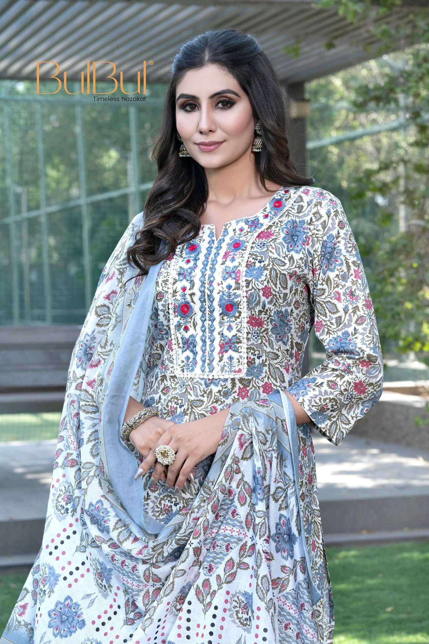 BulBul Fashionista Grey Floral Cotton Kurta Set with Dupatta - Swadesiicart