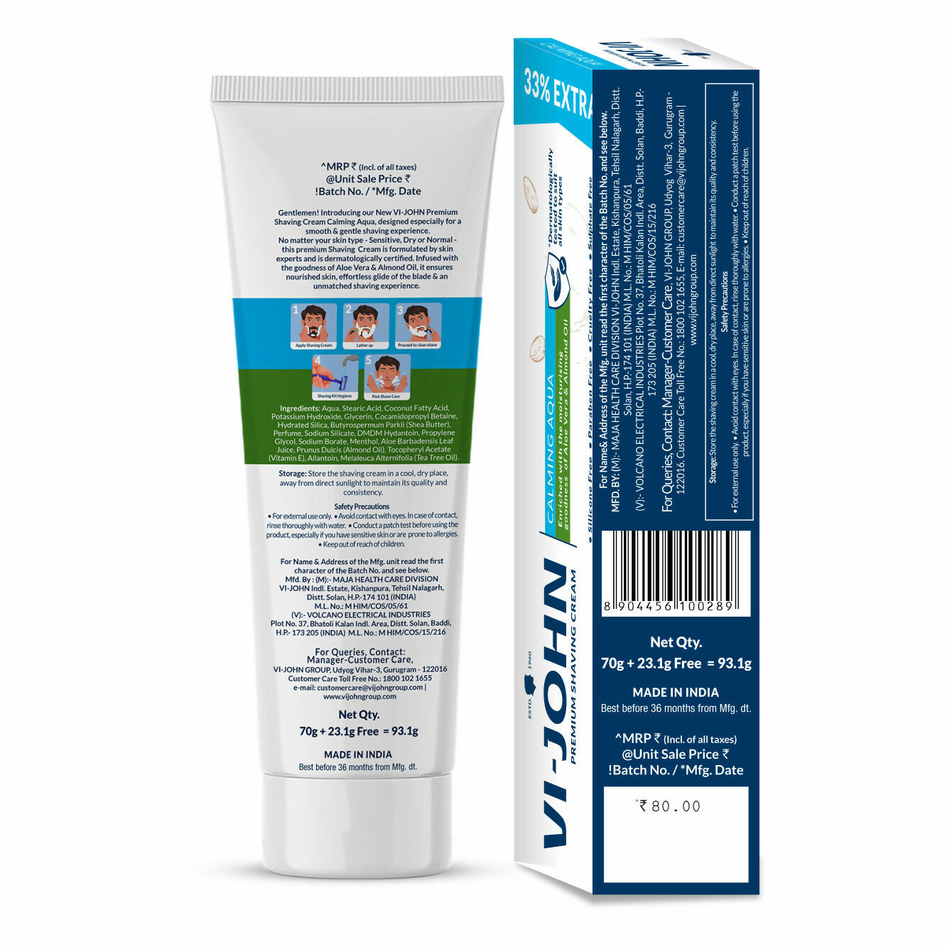 VI-JOHN Dermatologically Tested Premium Claming Aqua Shaving Cream Enriched with Aloevera & Almond Oil free From Silicone,Paraben & Mineral Oil | Swadesiicart