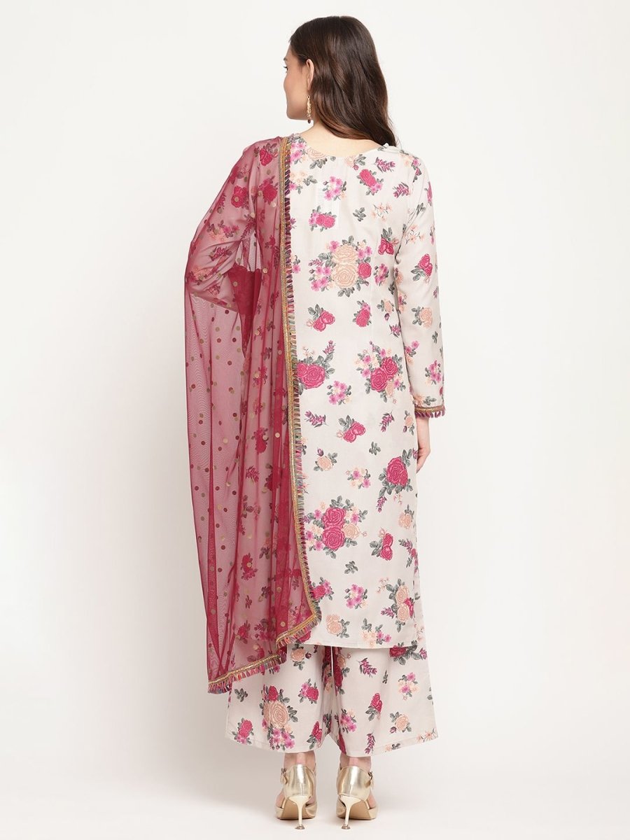 Ahalyaa Women Beige Floral Printed Regular Gotta Patti Kurta with Palazzos & With Dupatta | Swadesiicart