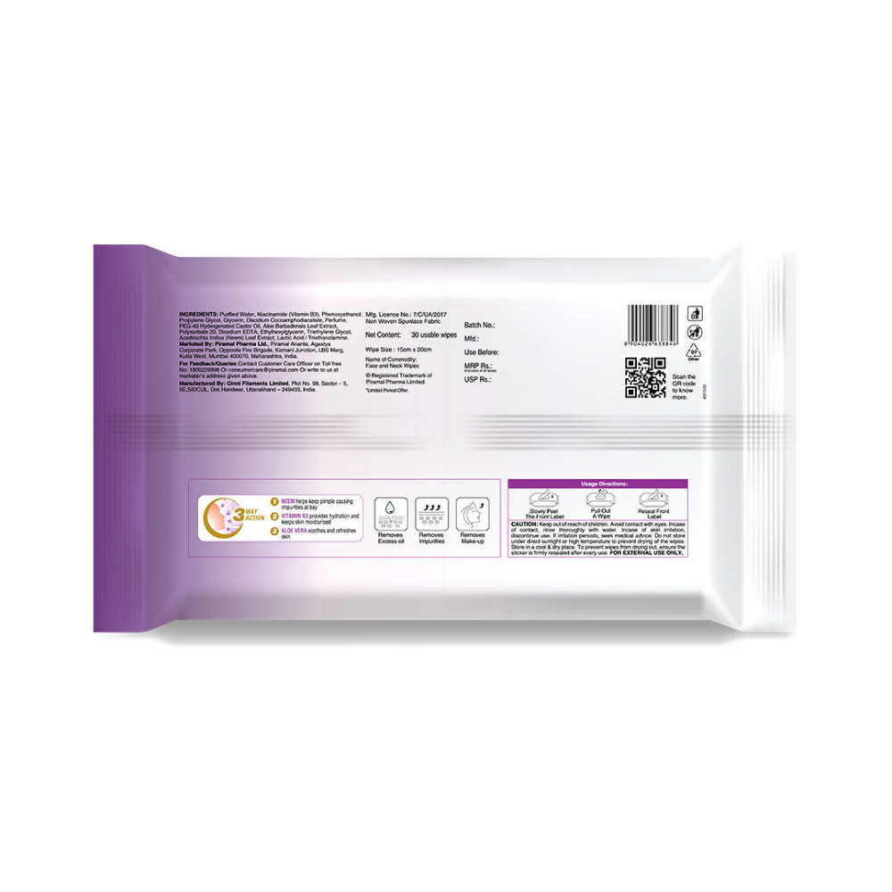 Lacto Calamine Oil Control Face Wipes, Makeup Remover Wipes With Neem & Aloe 30 Usable Wipes - Swadesiicart