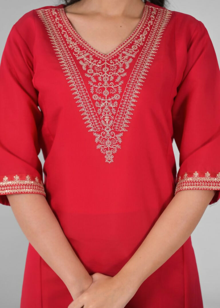 Ethnic Festive Wear Chanderi Viscose Red Stitched Suit With Dupatta - Tanisha | Swadesiicart