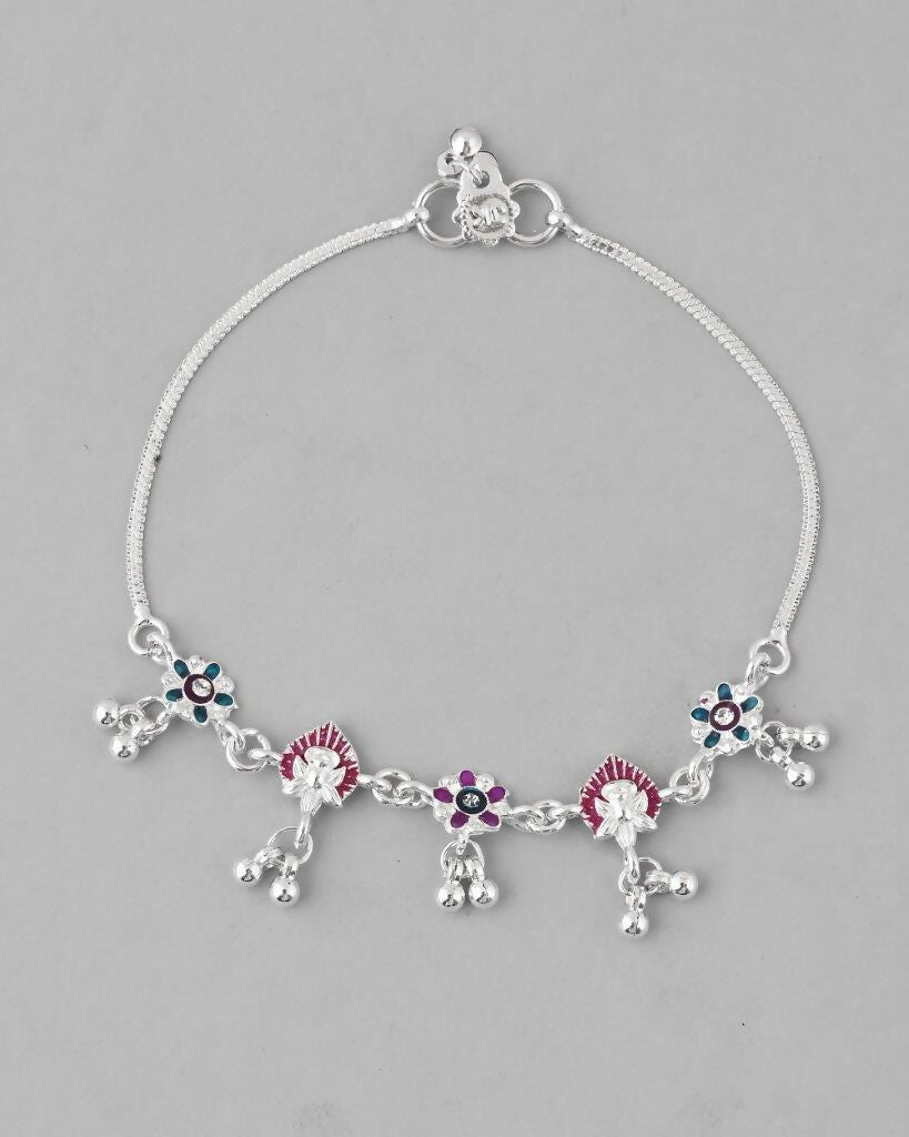 VOJ Set of 2 Silver Plated Designer Multi Color Anklet - Swadesiicart