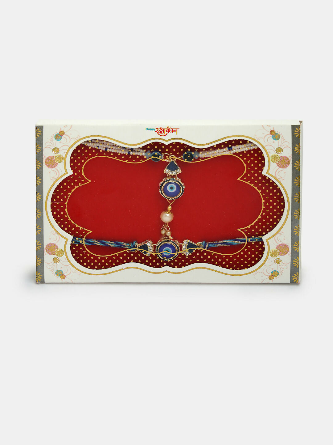 NVR Women & Men Set of 2 Blue Evil Eye Bhaiya Bhabhi Rakhi With Roli Chawal & Chocolate | Swadesiicart