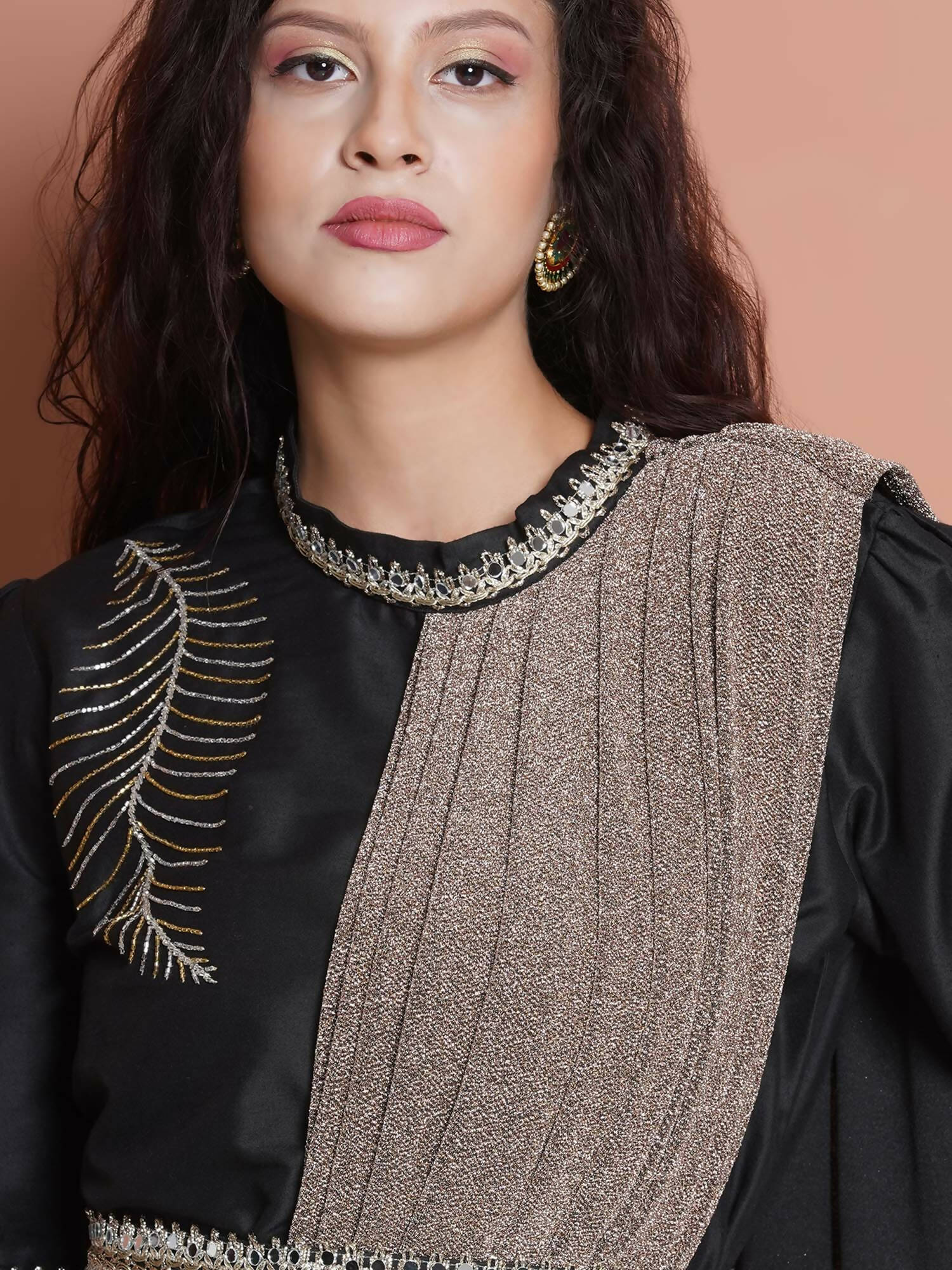 Women Republic Black Cotton Blended Set with Attached Drape | Swadesiicart