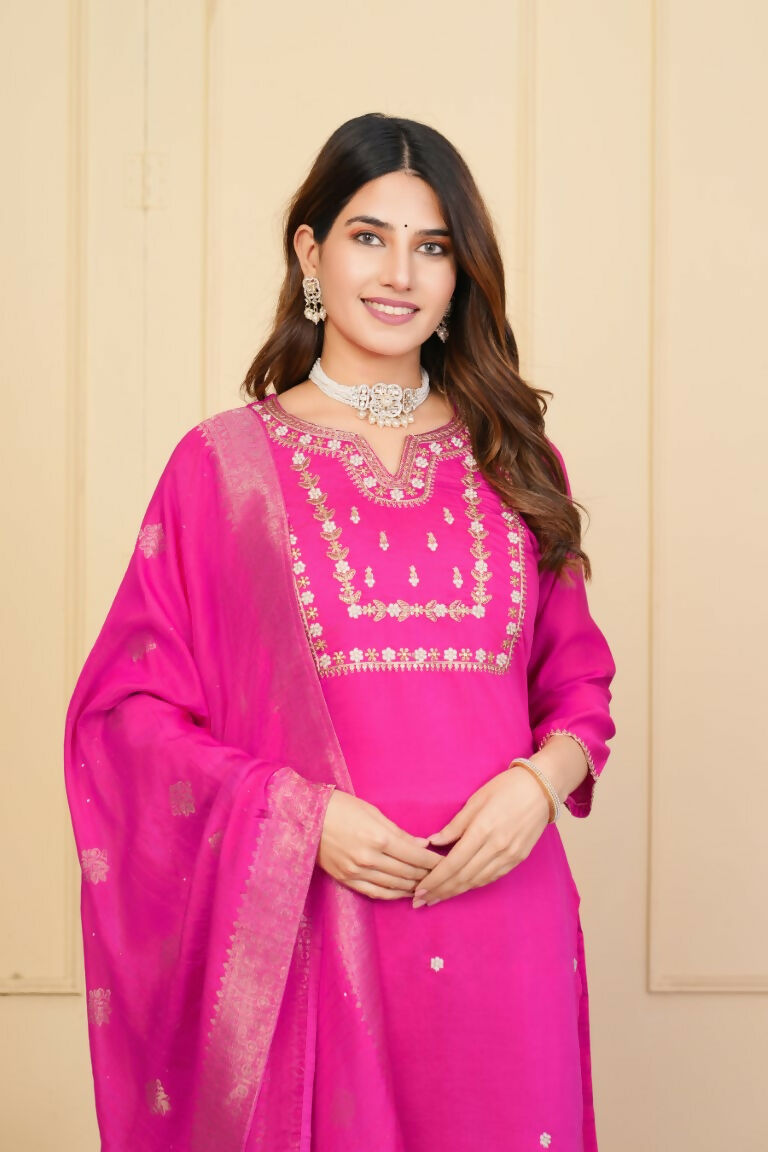 Pink Viscose Chanderi Embroidered Stitched Suit With Dupatta - Tanisha | Swadesiicart