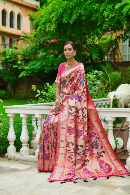 Vishnu Weaves Women's Pink Paithani Silk Zari Woven Saree with Unstitched Blouse - Swadesiicart