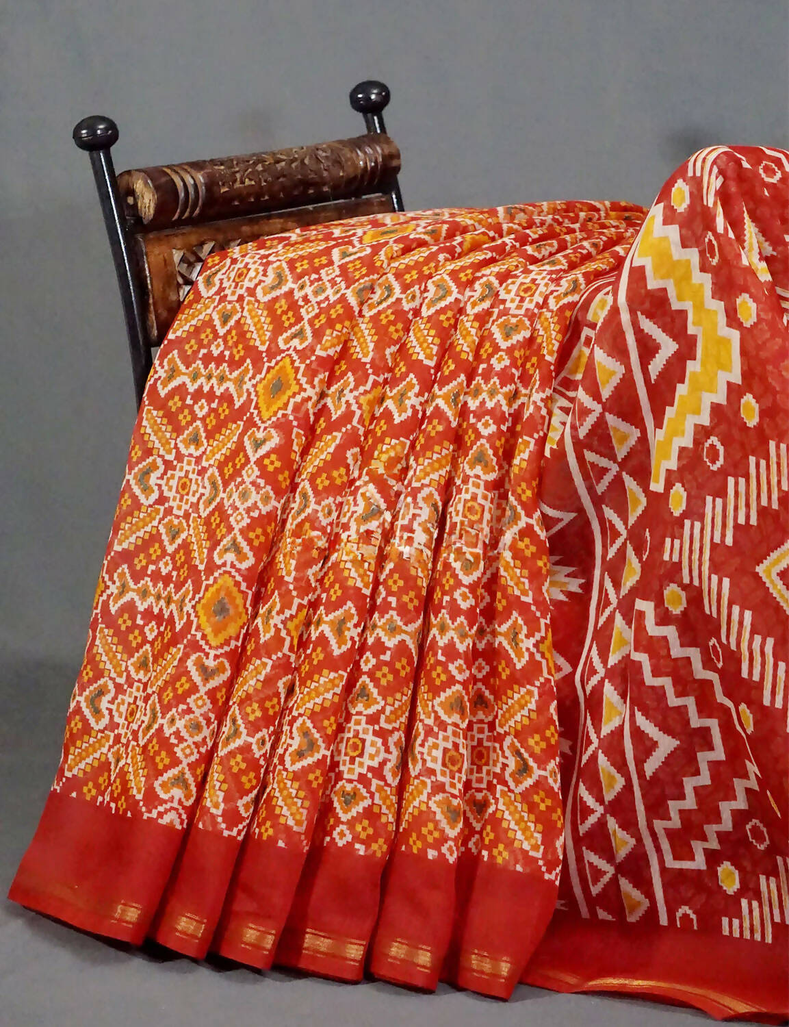 Red Colored Patola Print Semi Chanderi Saree By Gayathri Reddy Designer Studio | Swadesiicart