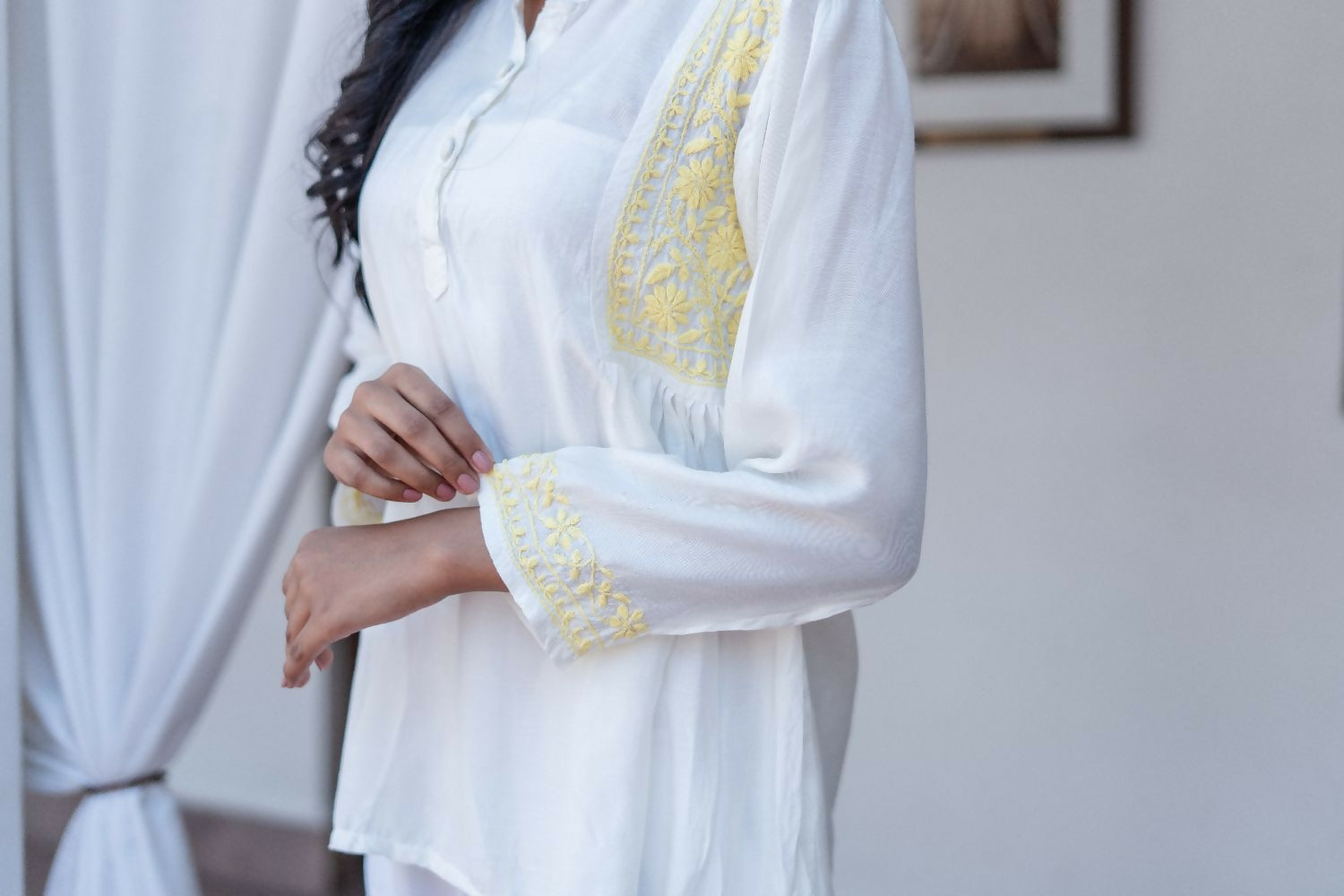 Zibaa Ivory & Yellow Muslin Short Chikankari Kurti - Swadesiicart