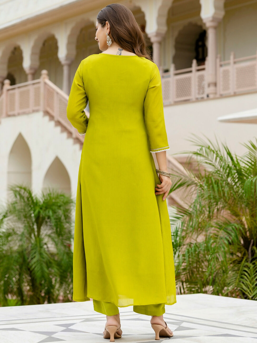 The52 Liril Women's Beautiful Embroidered work Chinon Fabric with Flared Kurta, Pant and Dupatta Set - Swadesiicart