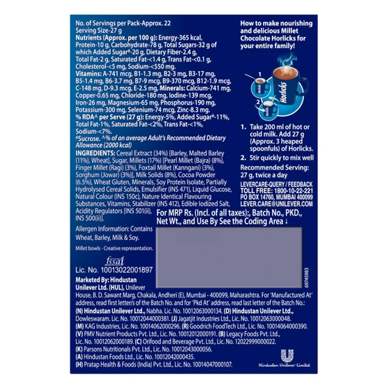 Horlicks Millet Chocolate Flavor Nutrition Drink Powder - Swadesiicart