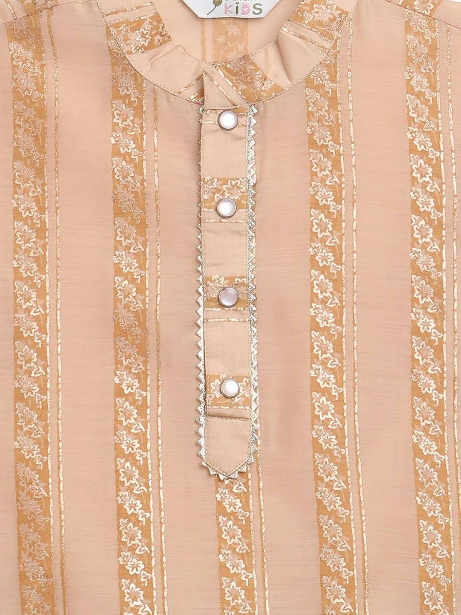 Ahalyaa Beige Chanderi Gold Foil Print Kids Kurta Churidar Set For Boys | Swadesiicart