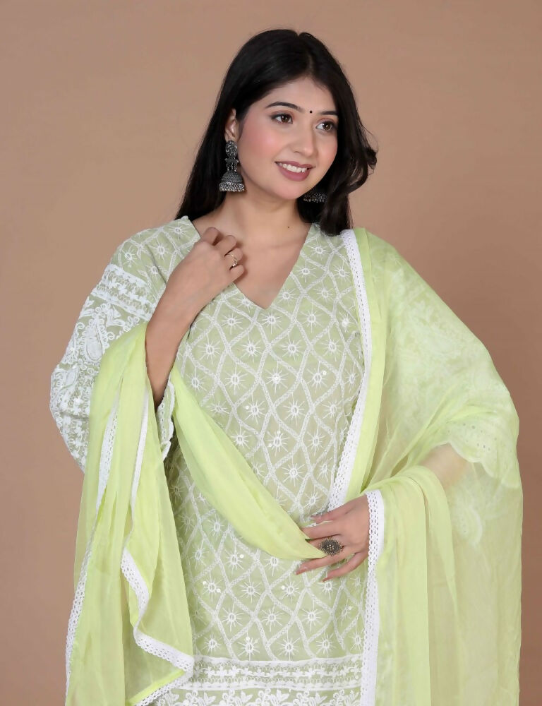 Miravan Women's Chikankari Embroidery Kurta And Palazzo With Dupatta | Swadesiicart