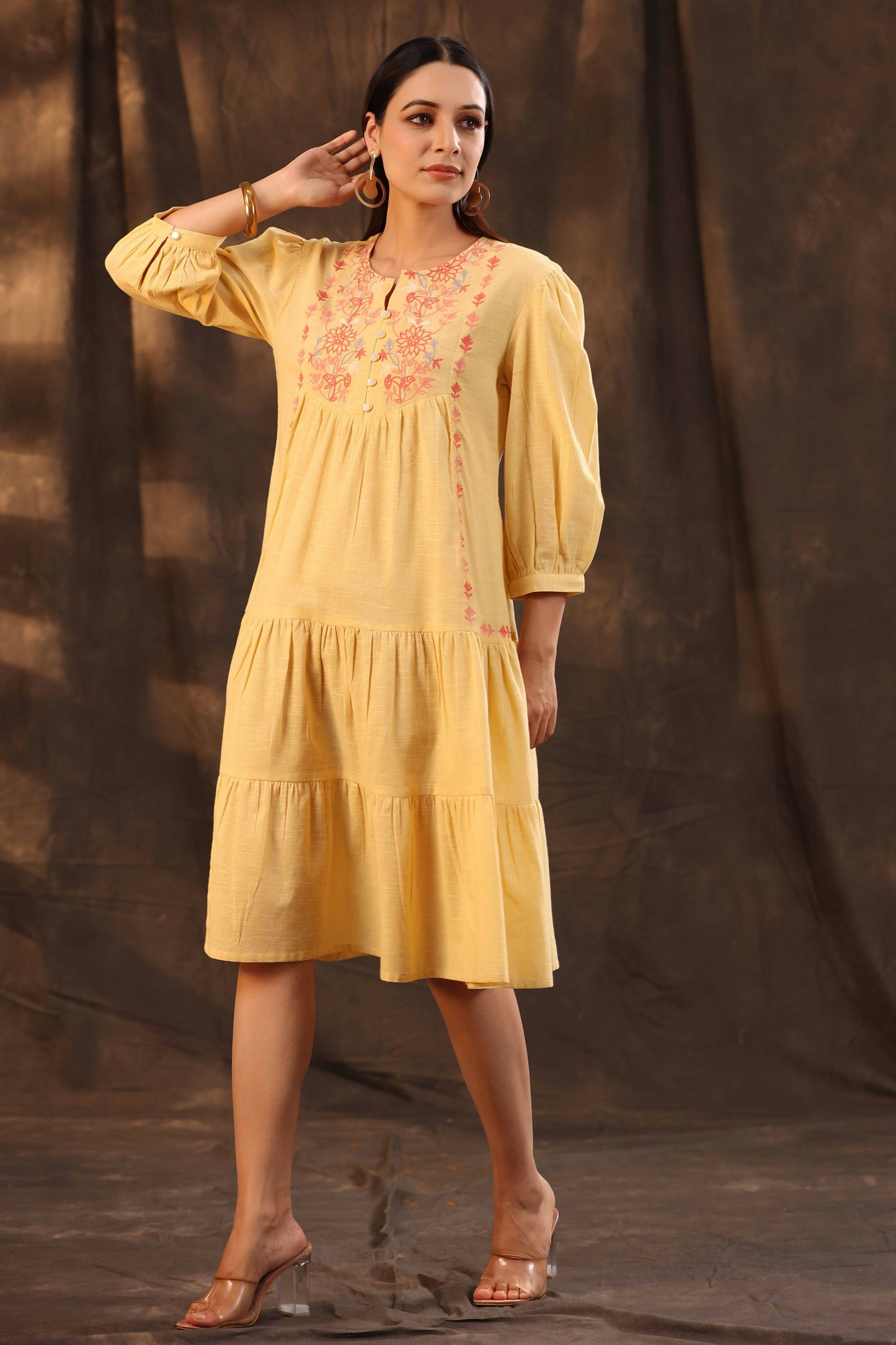 Juniper Women's Yellow Cotton Slub Solid Embroidered Tiered Dress | Swadesiicart