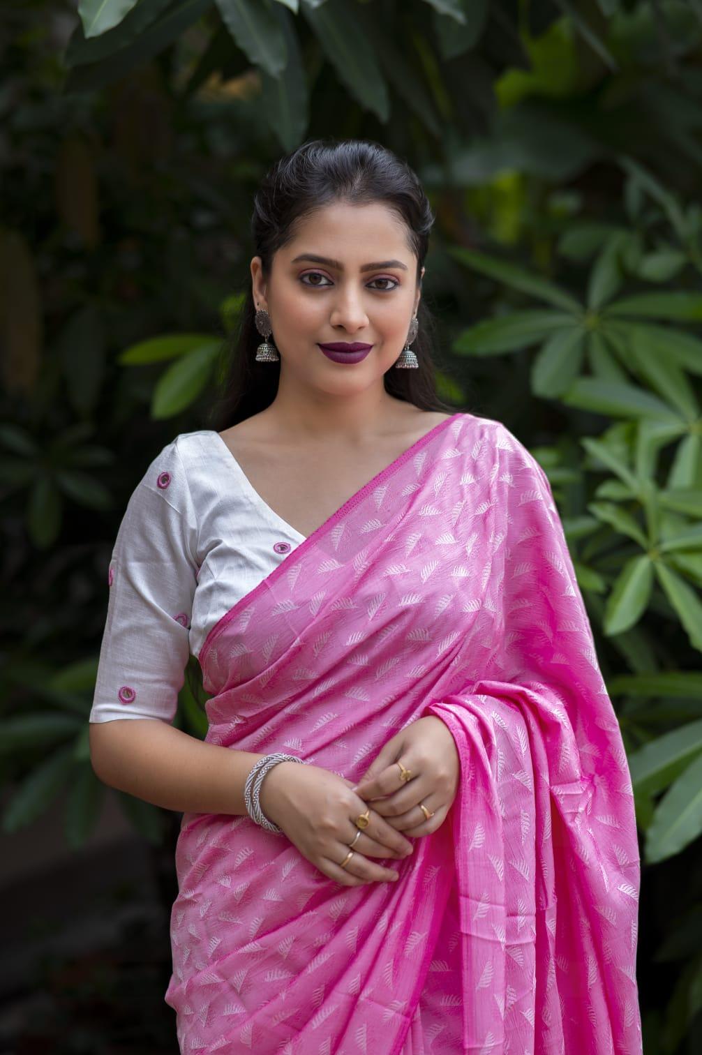 Pink Poly Georgette Woven Design Saree with Unstitched Blouse - Hiral Fashion | Swadesiicart