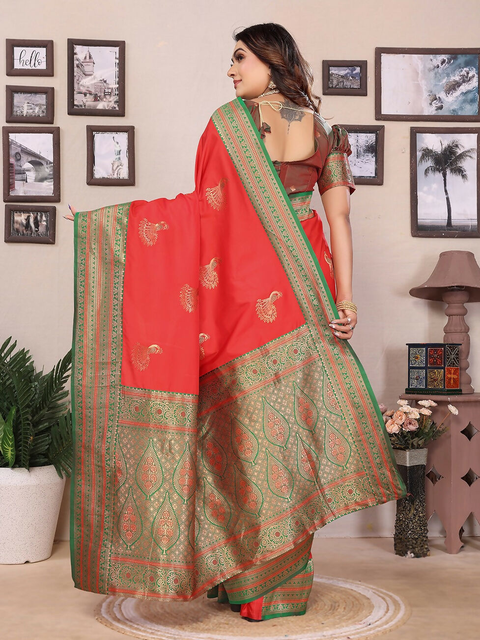 Joban Fashion Banarasi Red Small Butti Soft Silk Saree | Swadesiicart