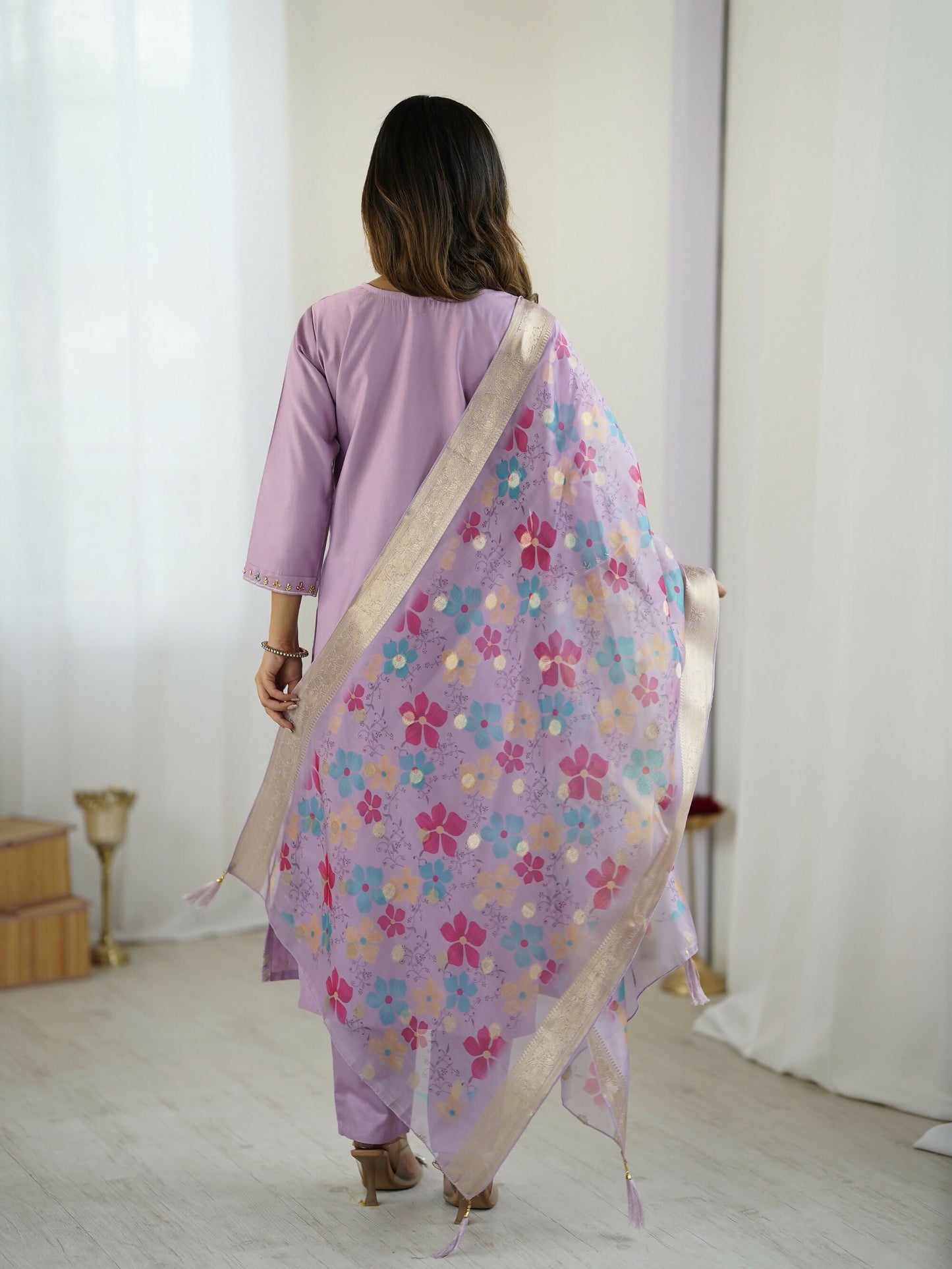 The52 Lavender Women's Gorgeous Embroidered work Viscose Gadhwal Fabric Straight Kurta, Pant and Dupatta Set - Swadesiicart