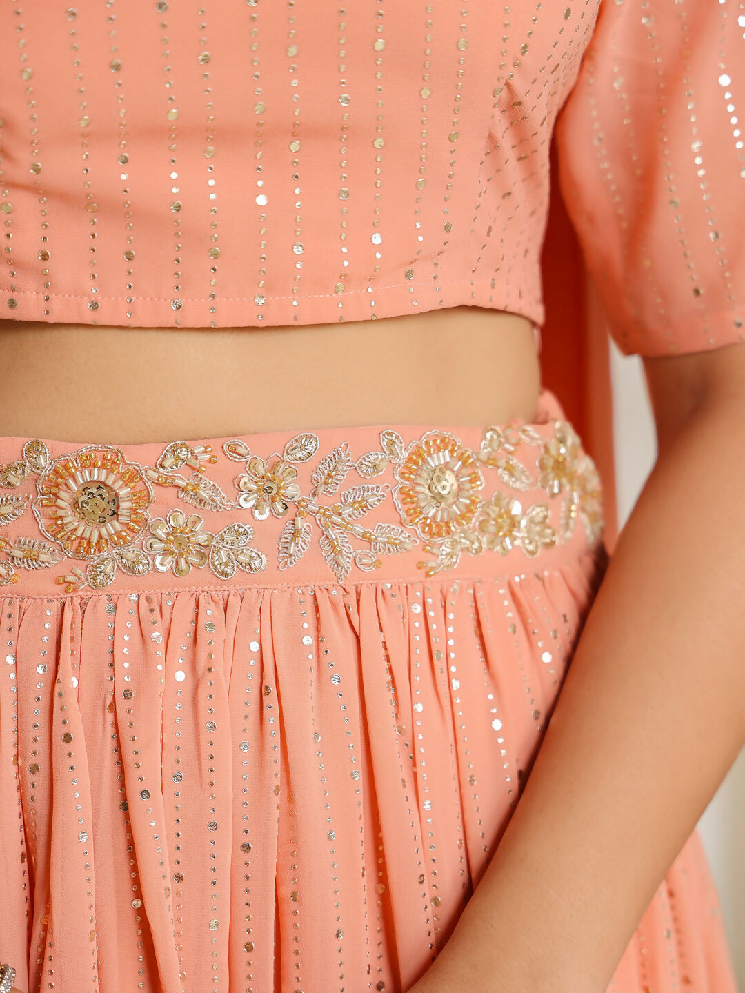 Janasya Peach Georgette Foil Print Lehenga Choli Dupatta | Swadesiicart