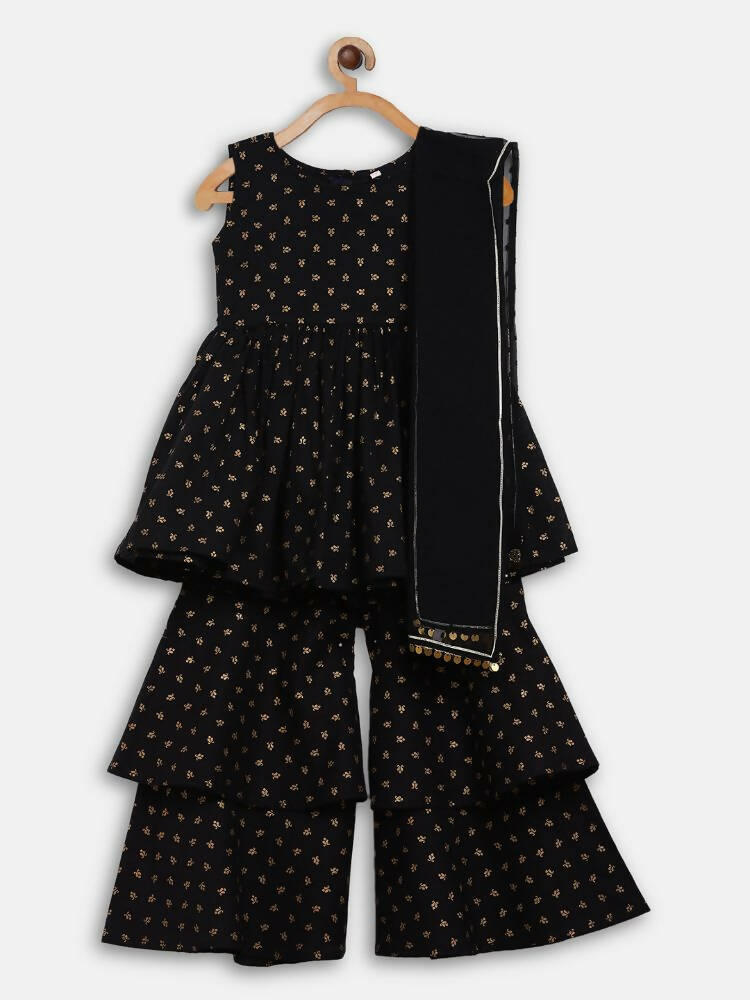 Ahalyaa Black Cotton Gold Print Kids Kurta Sharara Sets For Girls | Swadesiicart